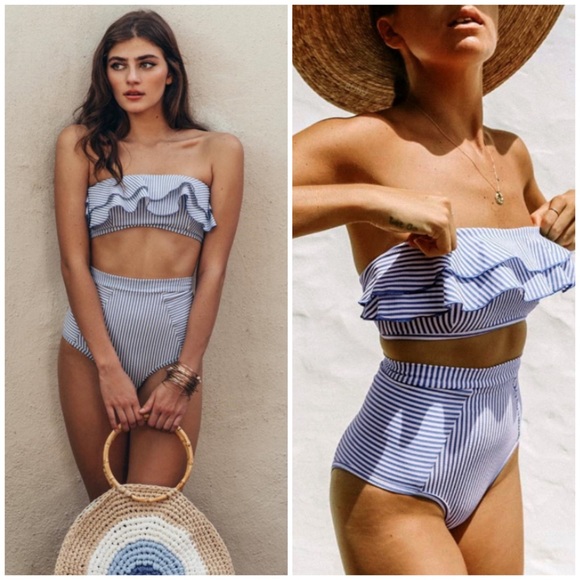 Other - Blue Nautical Striped Ruffle High Waist Bikini